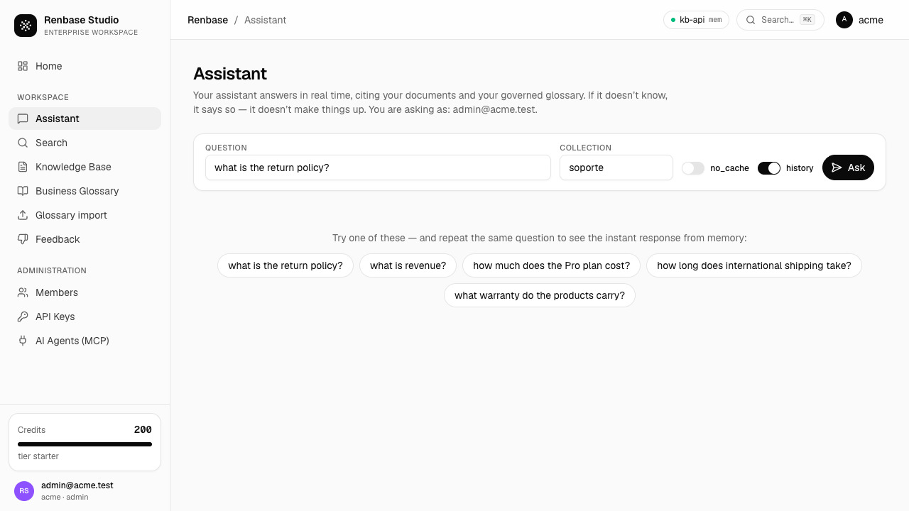 Assistant with the question field, collection selector and suggestions