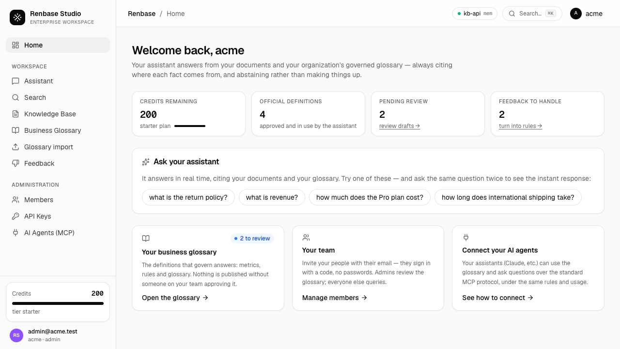 Workspace home with credits, definitions, pending review and feedback