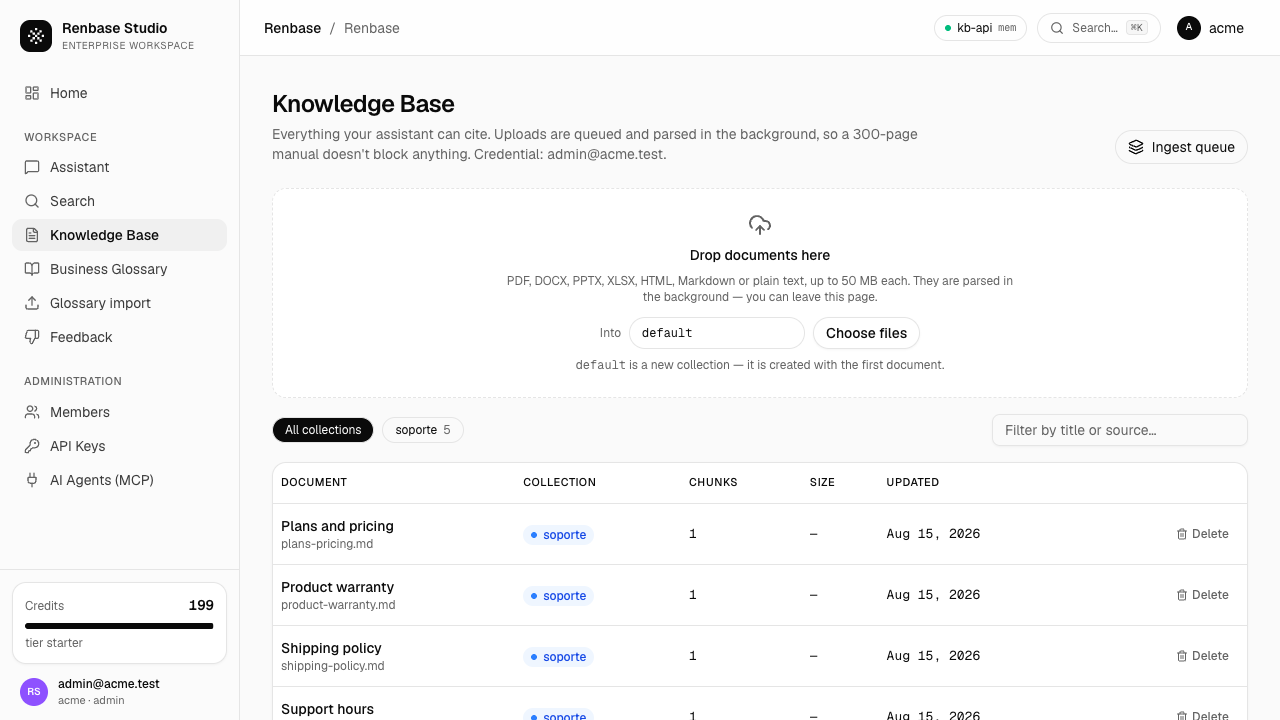 Knowledge Base with the upload area and the document list